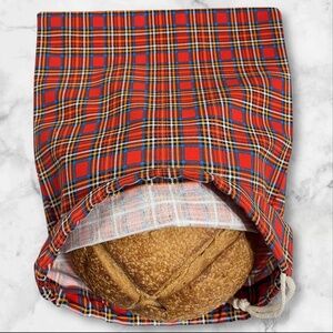 Red Plaid Reusable Linen Bread Bag, 100% Organic Linen Sourdough Bread Bag